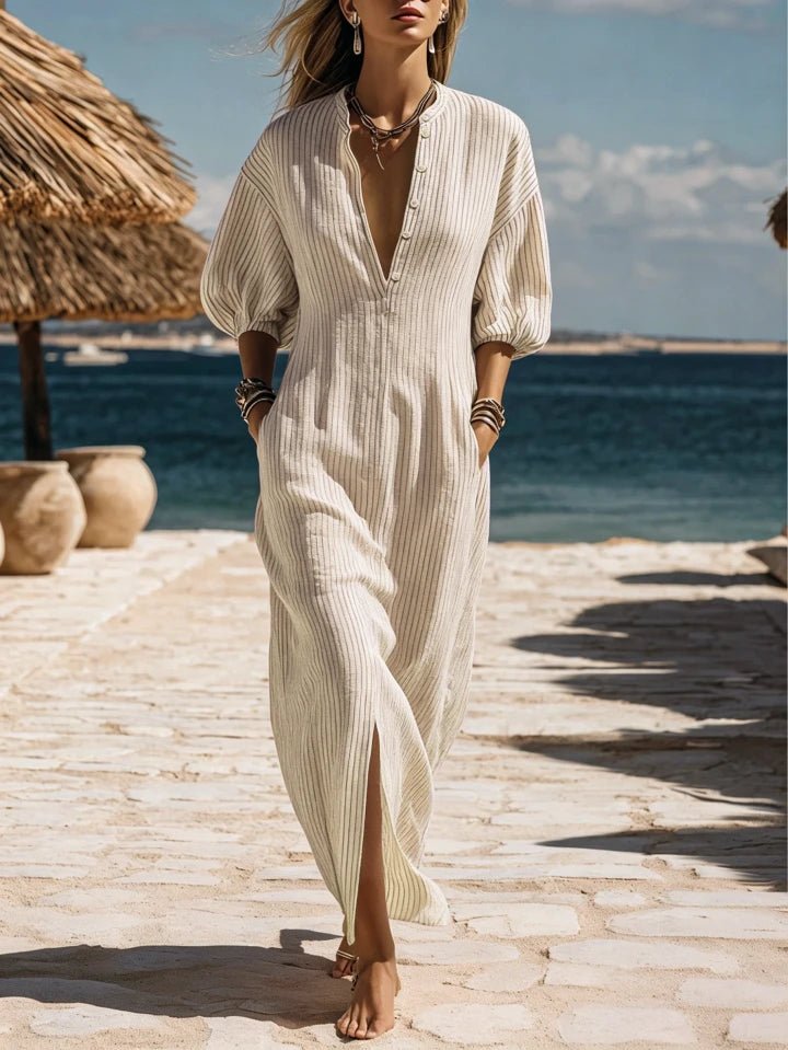 Damen Gestreiftes Knopf-Midi-Kleid Dreiviertelarm - White