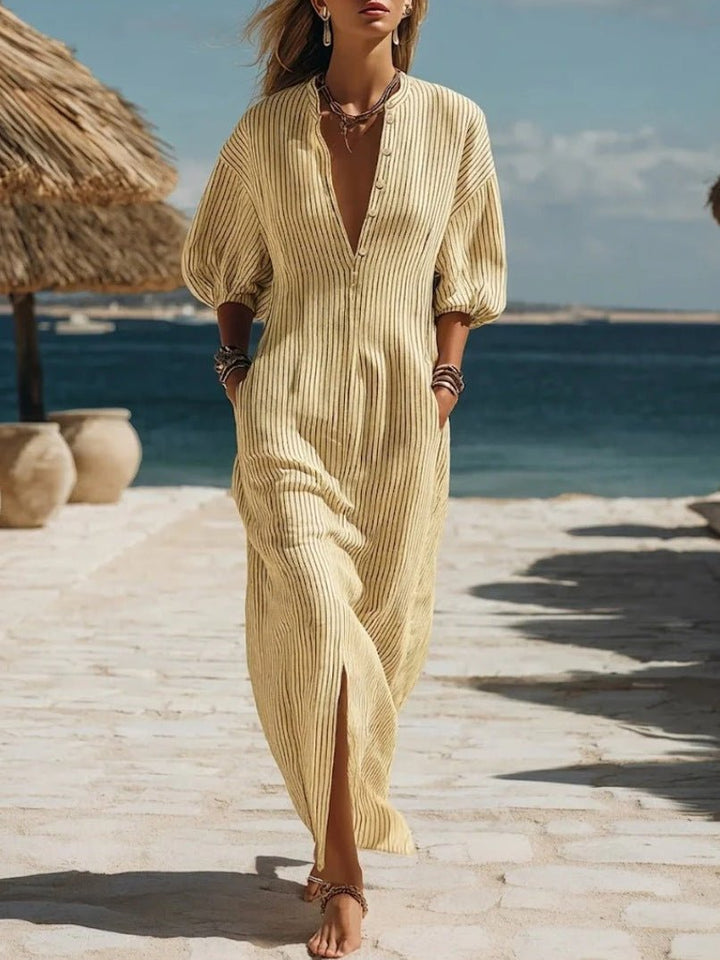 Damen Gestreiftes Knopf-Midi-Kleid Dreiviertelarm - Yellow