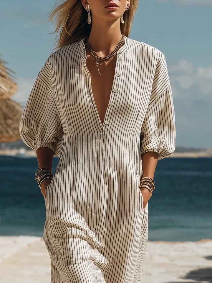 Damen Gestreiftes Knopf-Midi-Kleid Dreiviertelarm