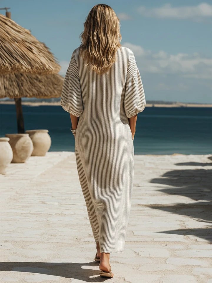 Damen Gestreiftes Knopf-Midi-Kleid Dreiviertelarm