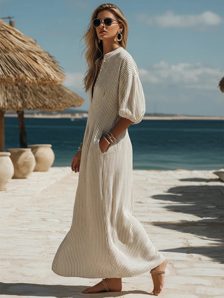 Damen Gestreiftes Knopf-Midi-Kleid Dreiviertelarm