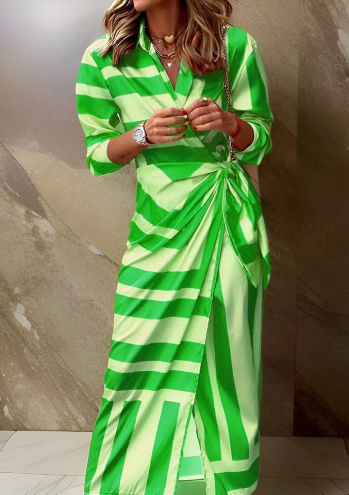 Damen Gestreiftes Langarm Wickelkleid Midi Hemdkleid - Grün