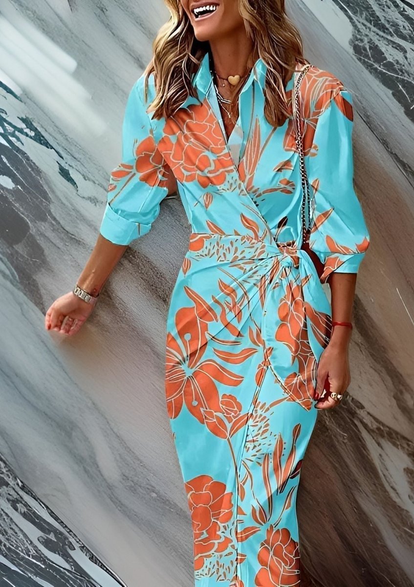 Damen Gestreiftes Langarm Wickelkleid Midi Hemdkleid - Türkis