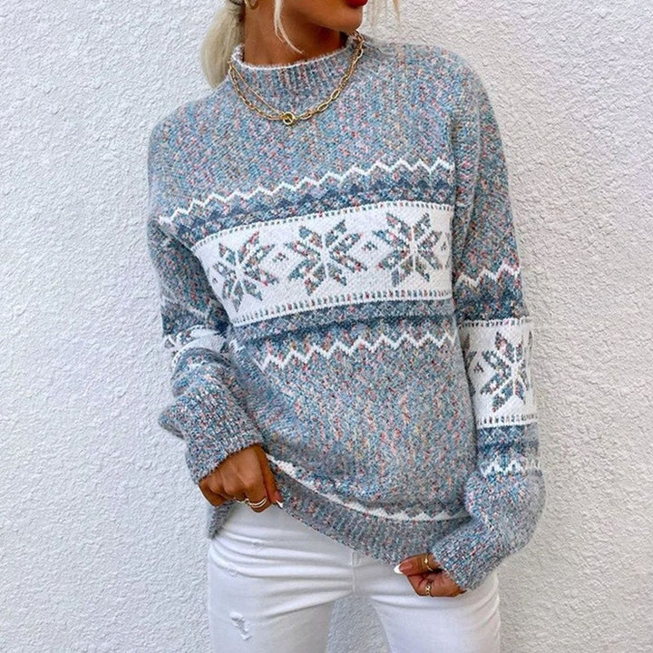 Damen gestrickter Weihnachtspullover mit Schneeflocken-Motiv Rundhals - Grau