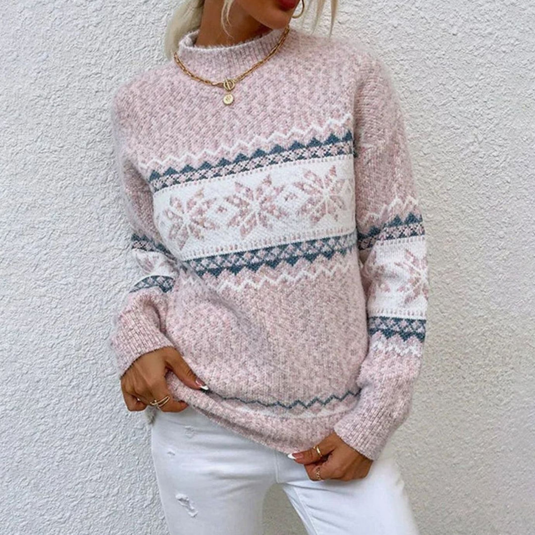 Damen gestrickter Weihnachtspullover mit Schneeflocken-Motiv Rundhals - Rosa