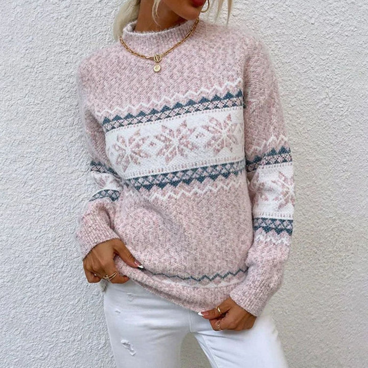 Damen gestrickter Weihnachtspullover mit Schneeflocken-Motiv Rundhals - Rosa