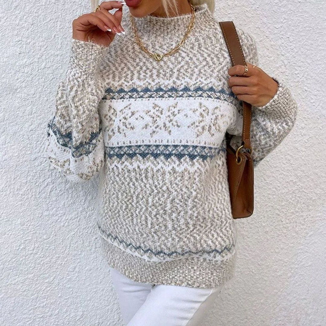 Damen gestrickter Weihnachtspullover mit Schneeflocken-Motiv Rundhals - Beige