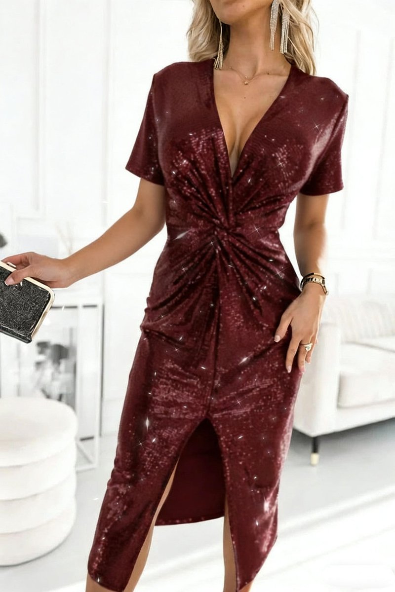 Damen Glamour Cocktailkleid Pailletten V-Ausschnitt Schlitz - Bordeaux