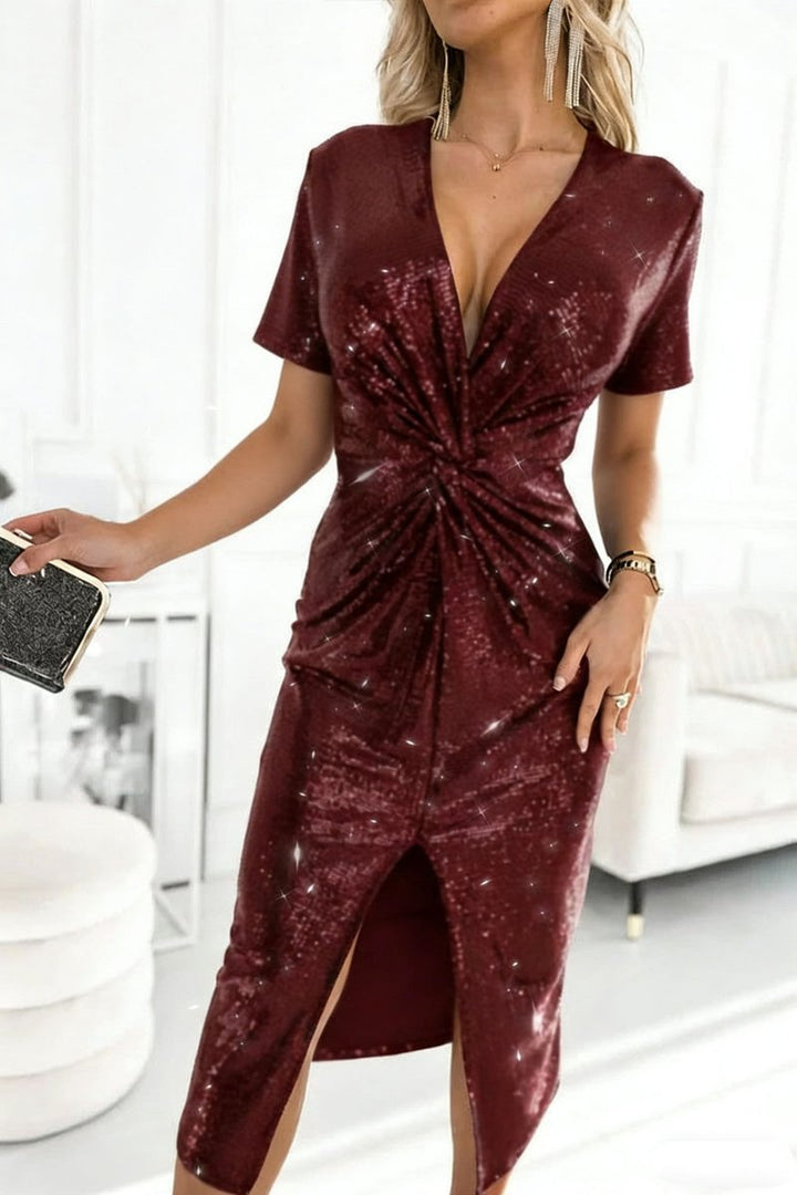 Damen Glamour Cocktailkleid Pailletten V-Ausschnitt Schlitz - Bordeaux