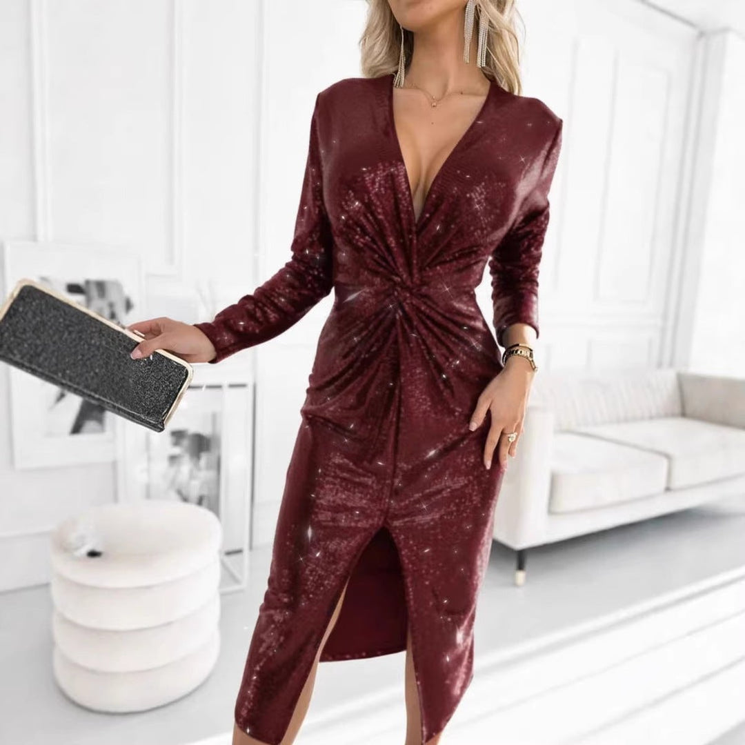Damen Glamour Cocktailkleid Pailletten V-Ausschnitt Schlitz