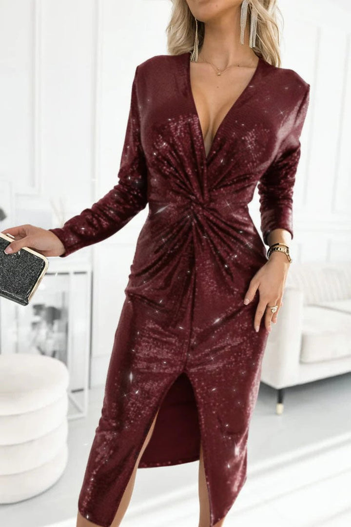 Damen Glamour Cocktailkleid Pailletten V-Ausschnitt Schlitz - Rot