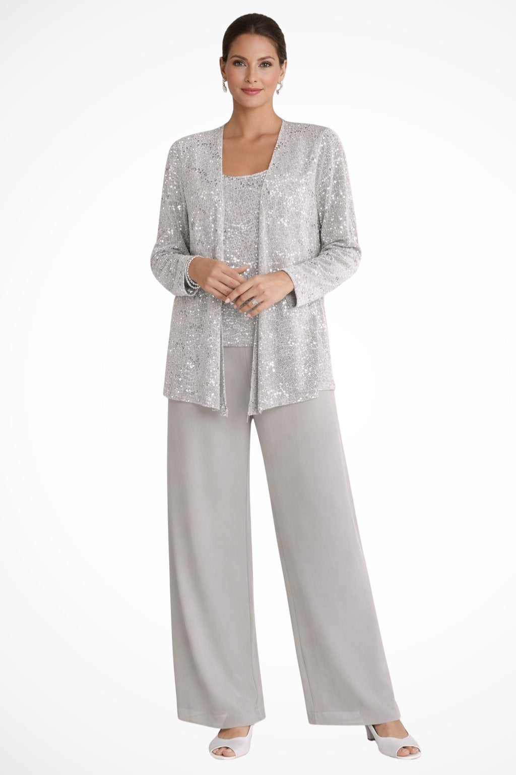 Damen Glitzer Dreiteiler Weite Hose Blazer Set - Silver