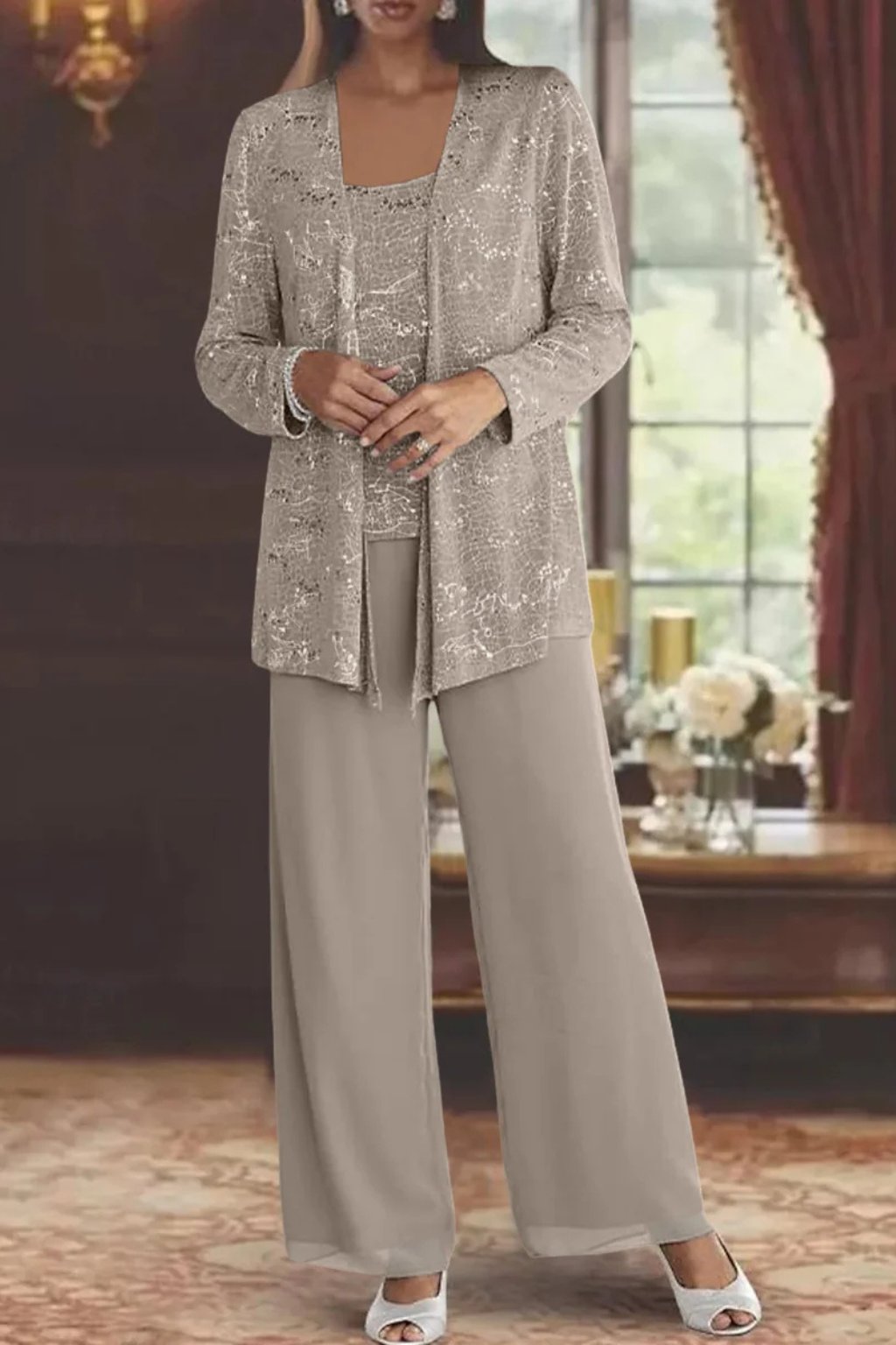 Damen Glitzer Dreiteiler Weite Hose Blazer Set