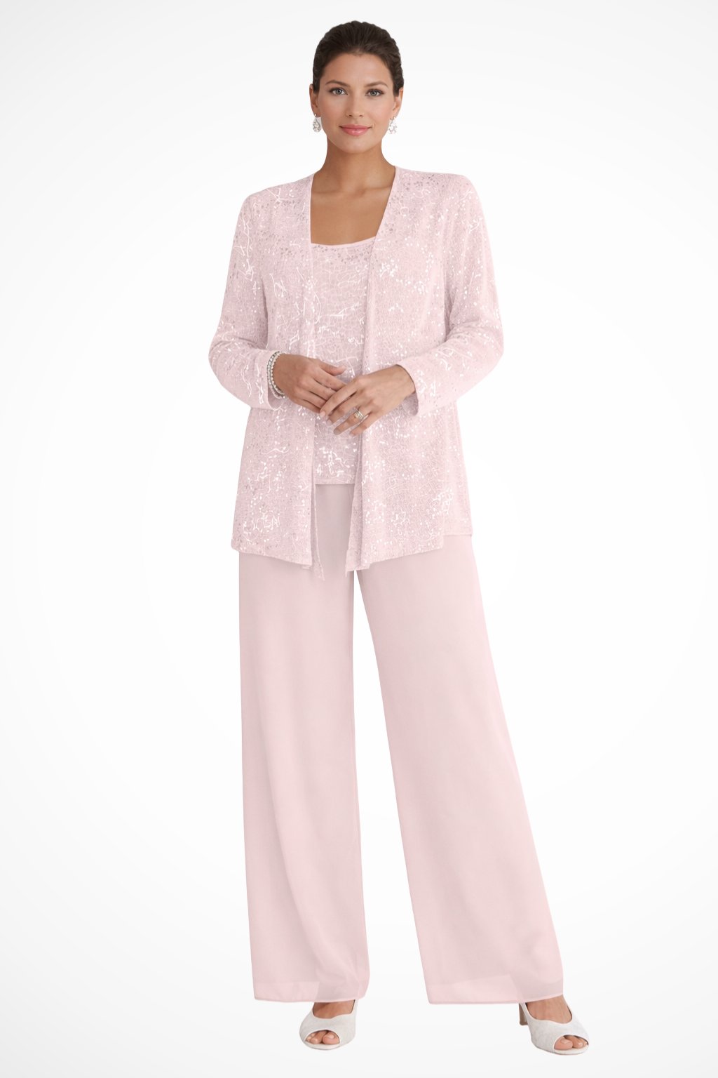 Damen Glitzer Dreiteiler Weite Hose Blazer Set - Light Pink