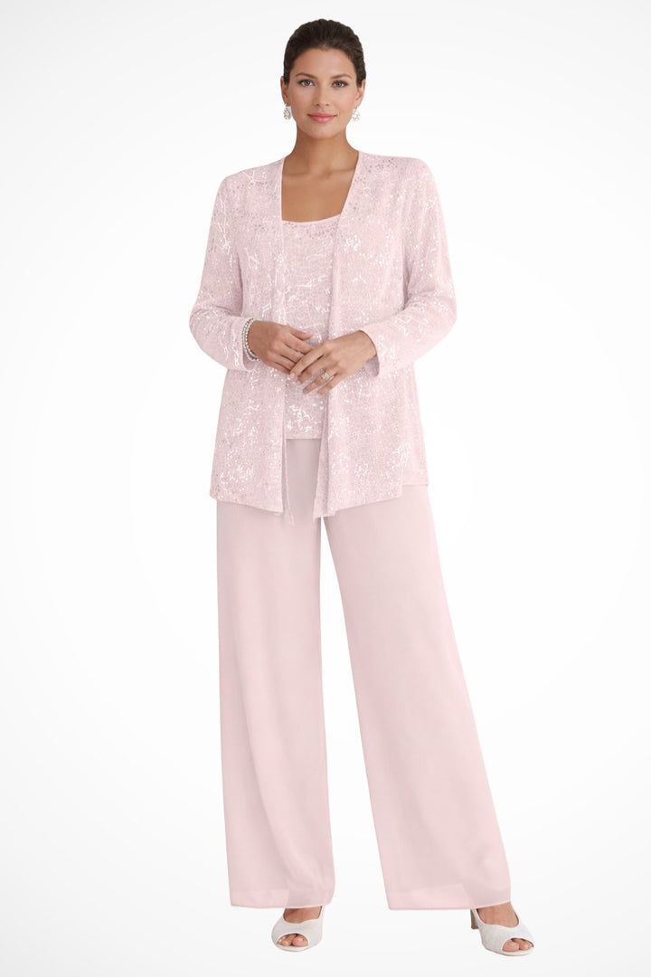 Damen Glitzer Dreiteiler Weite Hose Blazer Set - Light Pink