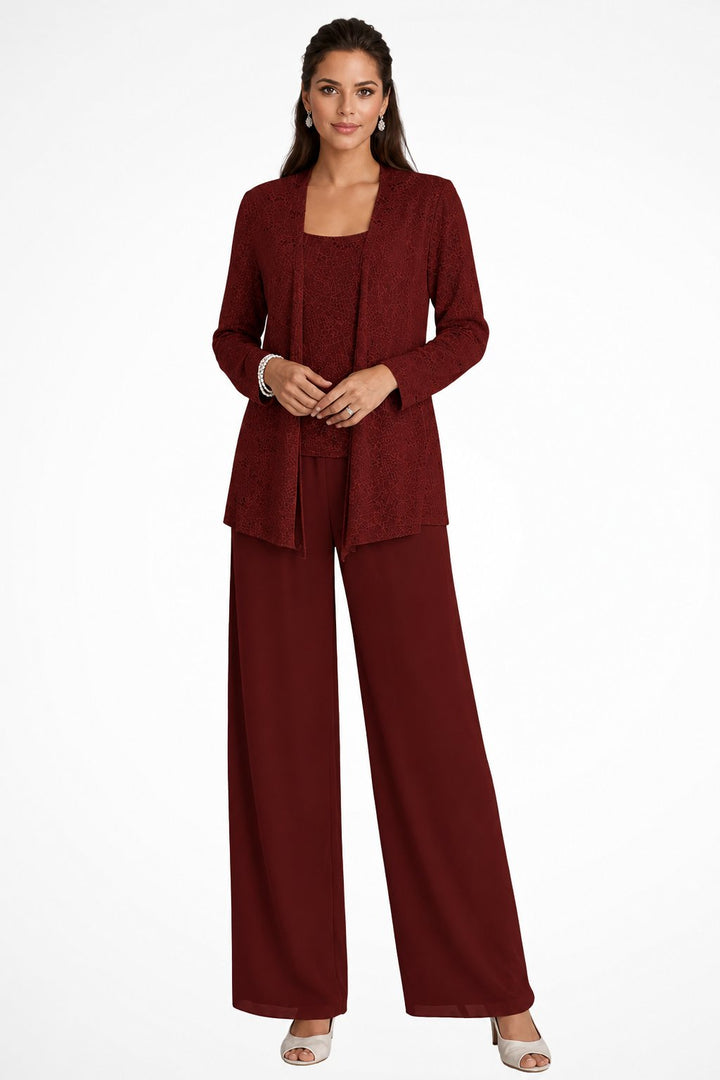 Damen Glitzer Dreiteiler Weite Hose Blazer Set - Burgundy