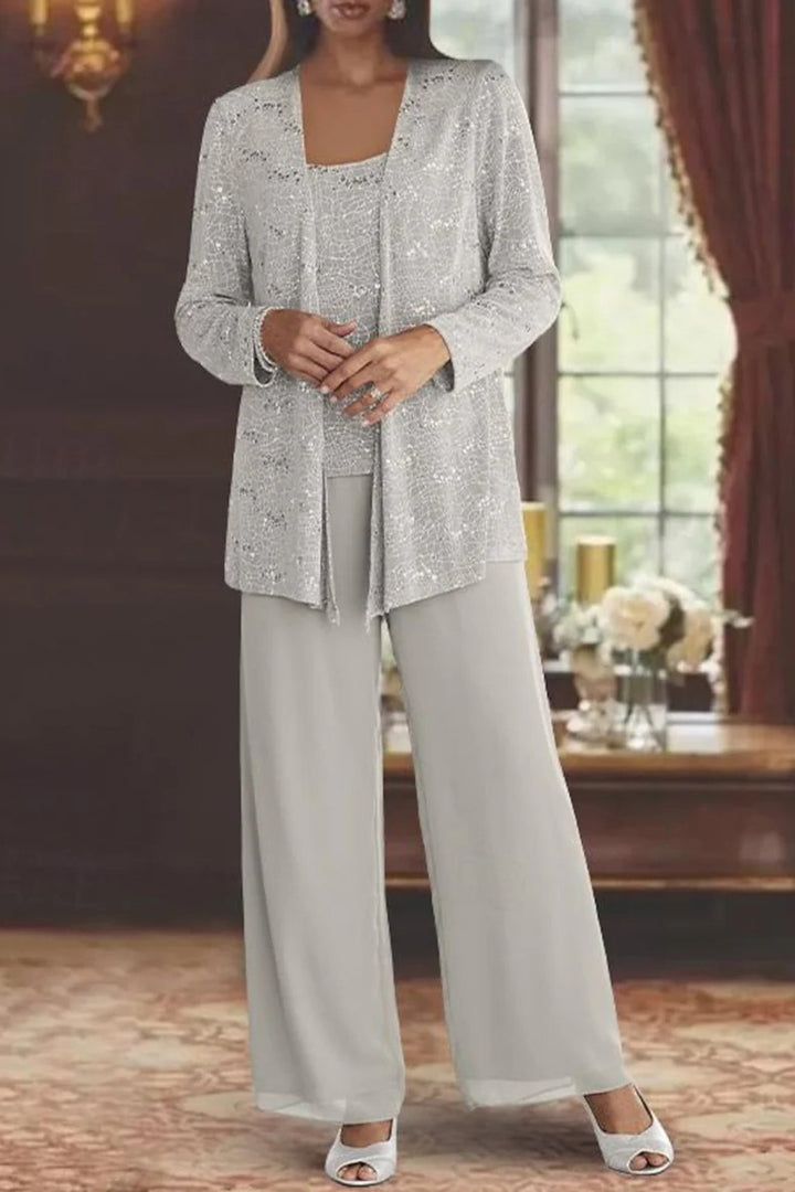 Damen Glitzer Dreiteiler Weite Hose Blazer Set
