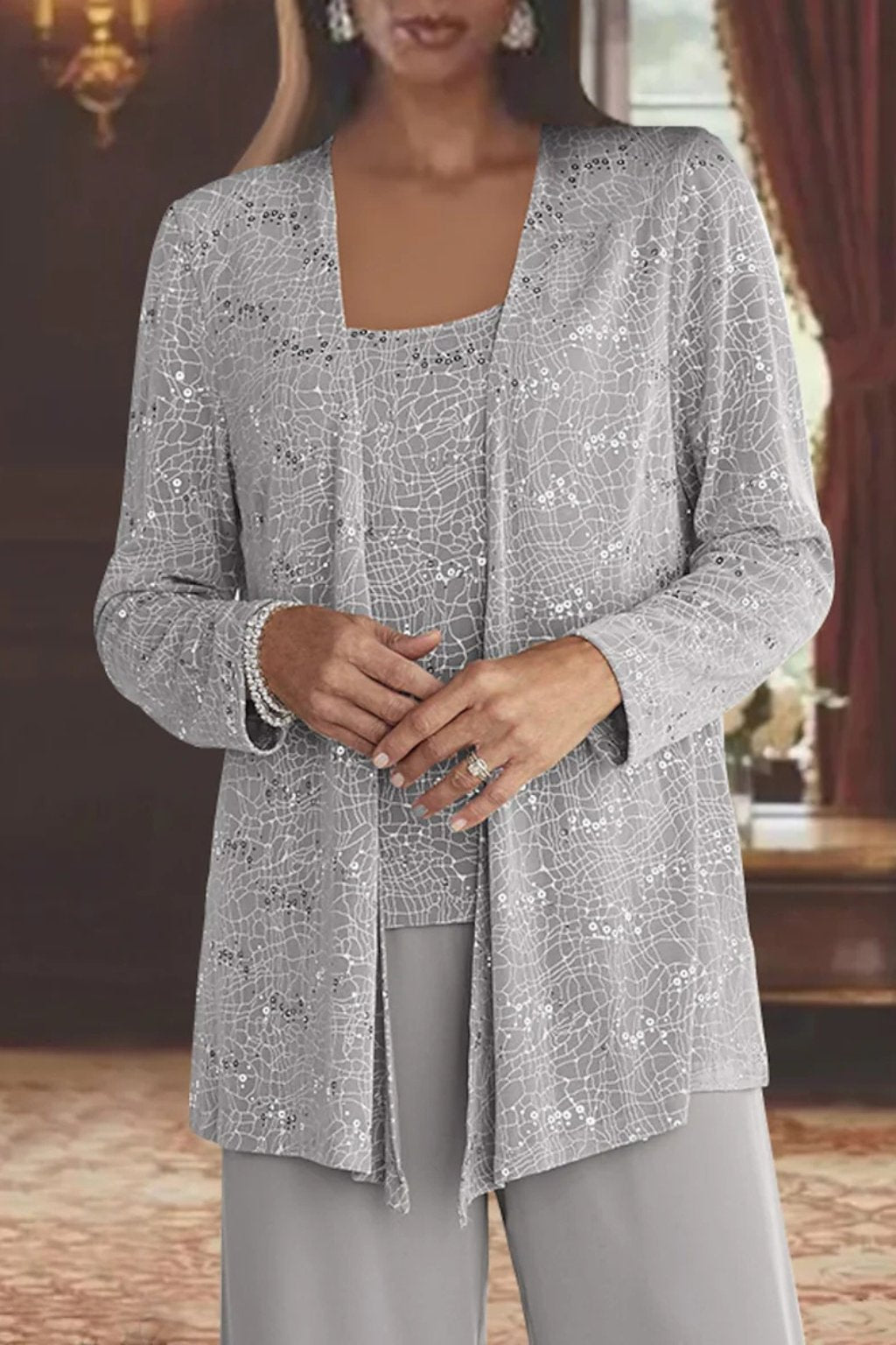 Damen Glitzer Dreiteiler Weite Hose Blazer Set