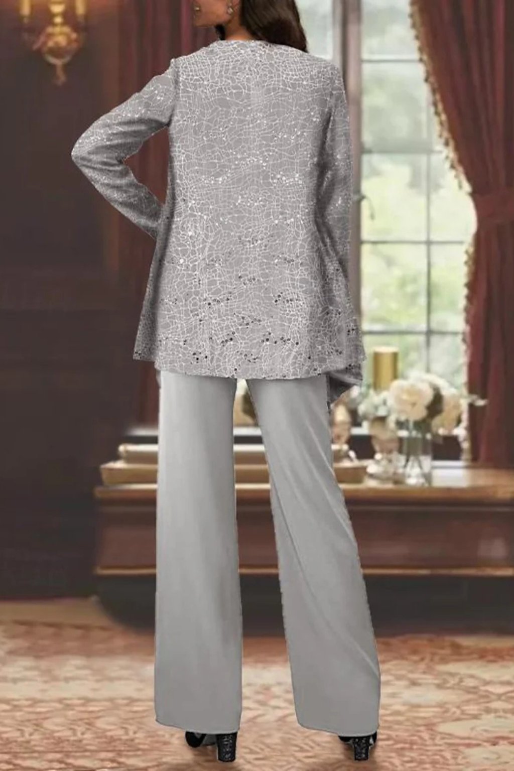 Damen Glitzer Dreiteiler Weite Hose Blazer Set