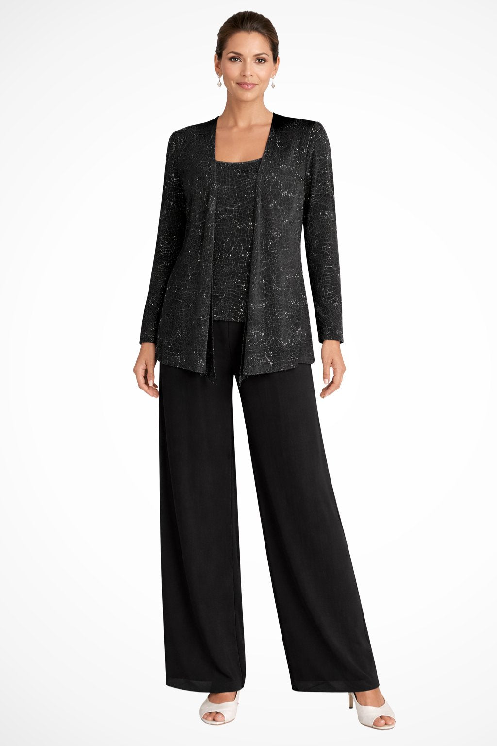 Damen Glitzer Dreiteiler Weite Hose Blazer Set - Black