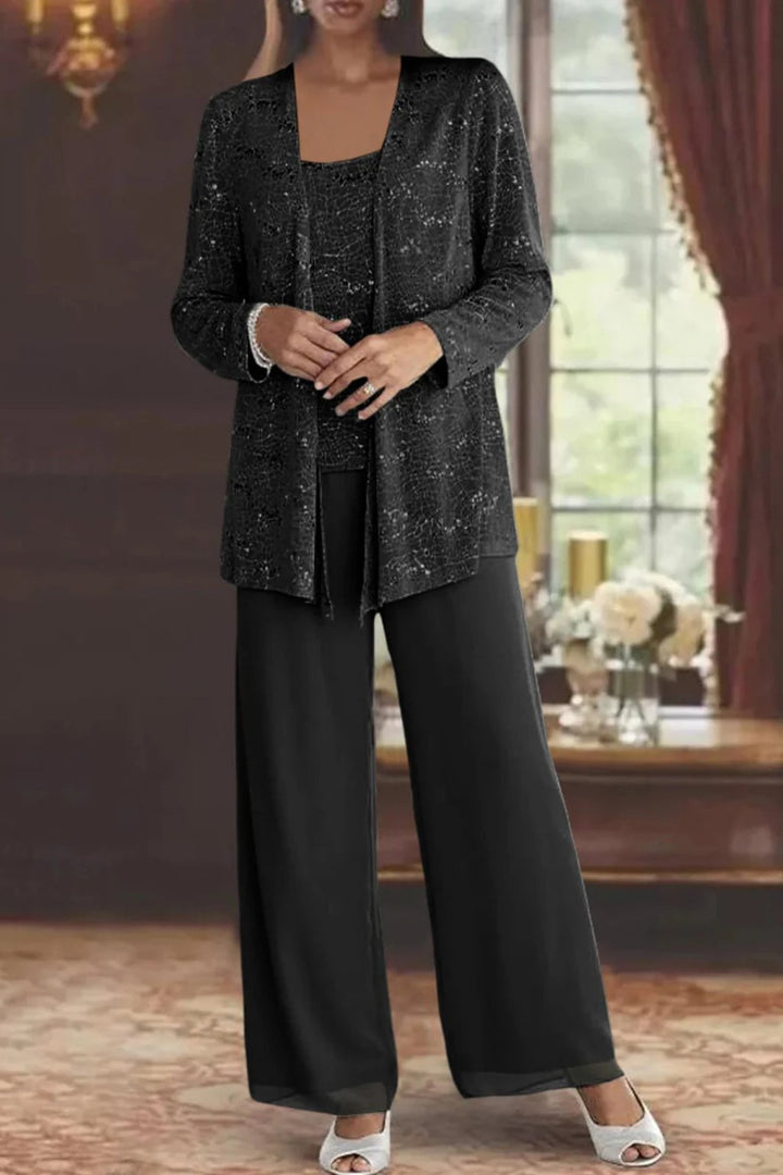 Damen Glitzer Dreiteiler Weite Hose Blazer Set