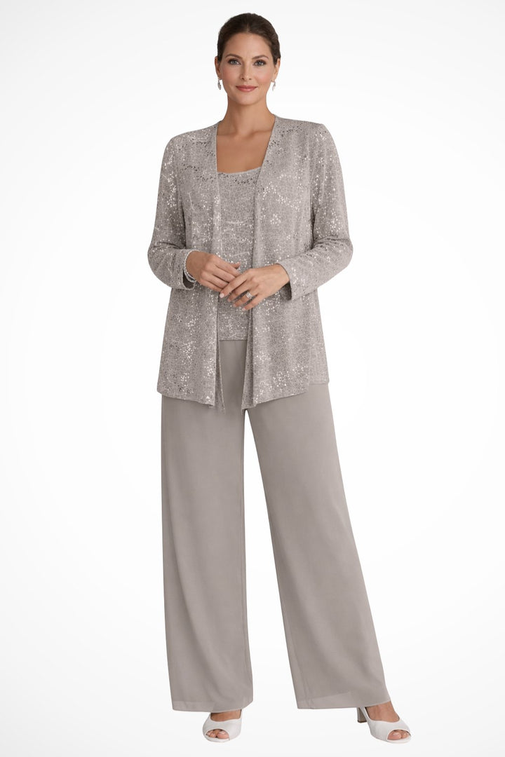 Damen Glitzer Dreiteiler Weite Hose Blazer Set - Beige