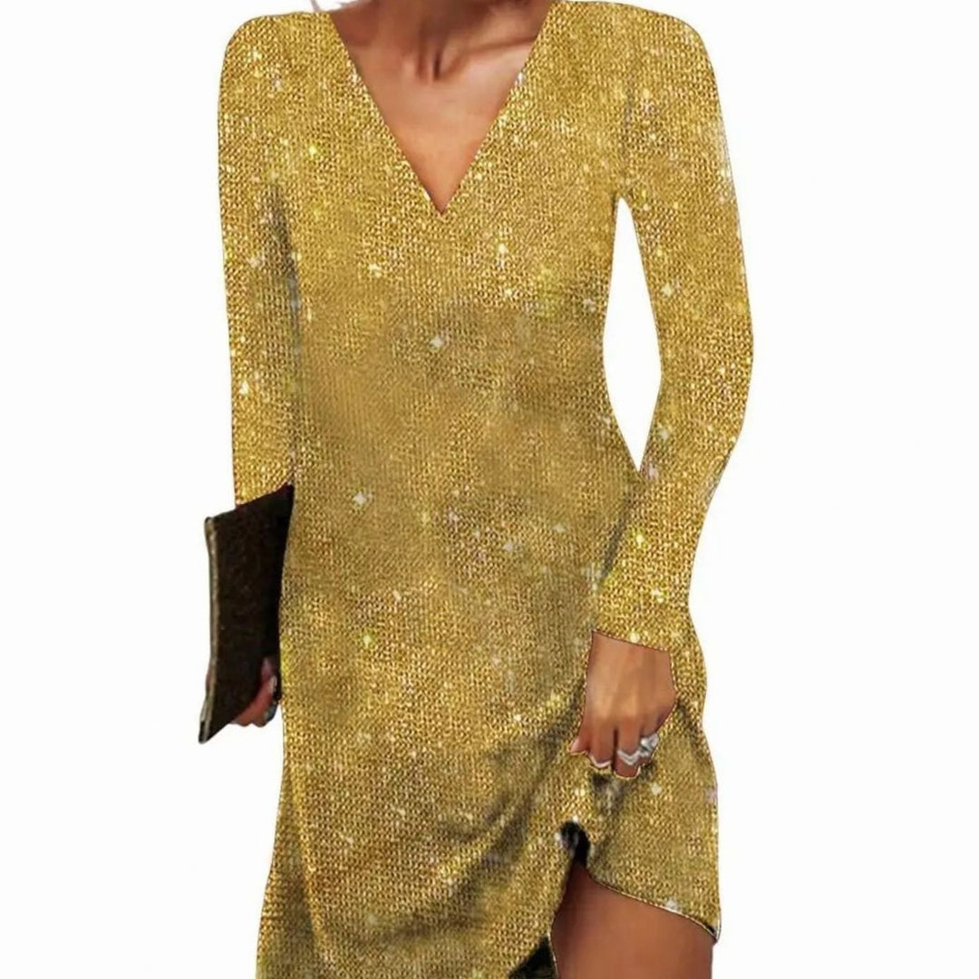 Damen Glitzer Wickelkleid mit V-Ausschnitt Langarm Mini - Gelb