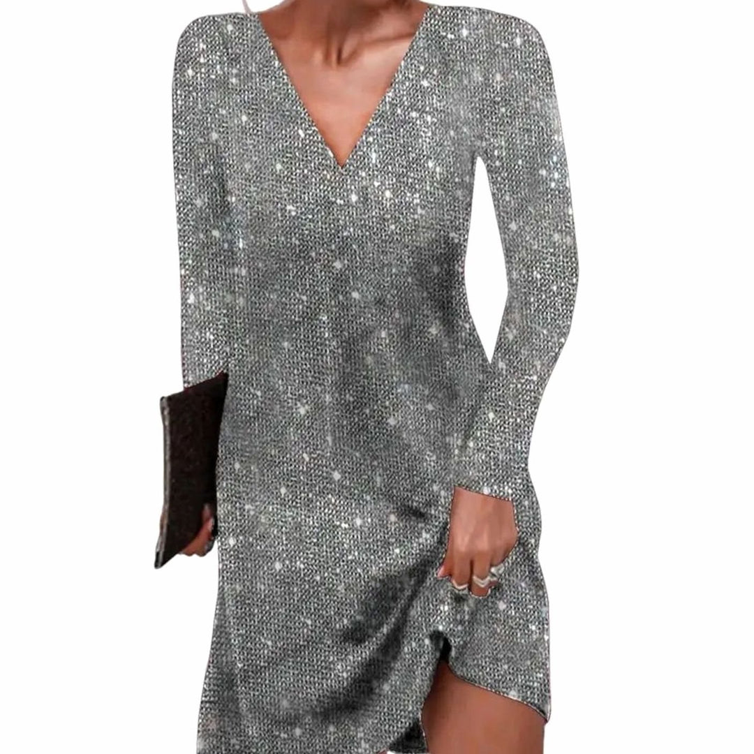 Damen Glitzer Wickelkleid mit V-Ausschnitt Langarm Mini - Silbergrau