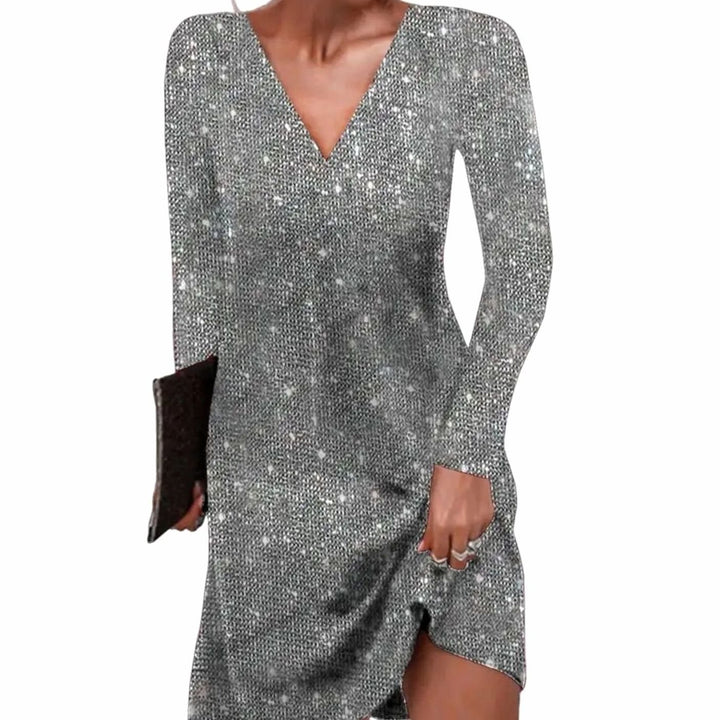 Damen Glitzer Wickelkleid mit V-Ausschnitt Langarm Mini - Silbergrau