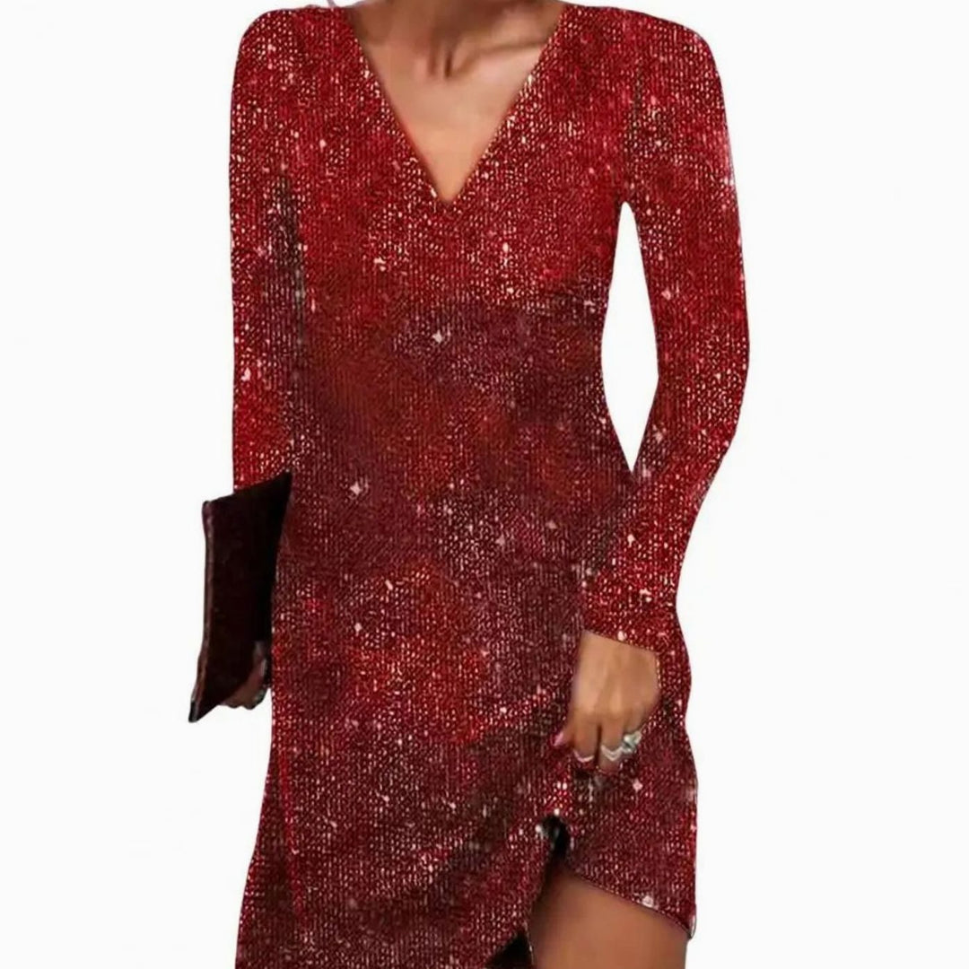 Damen Glitzer Wickelkleid mit V-Ausschnitt Langarm Mini - Rot