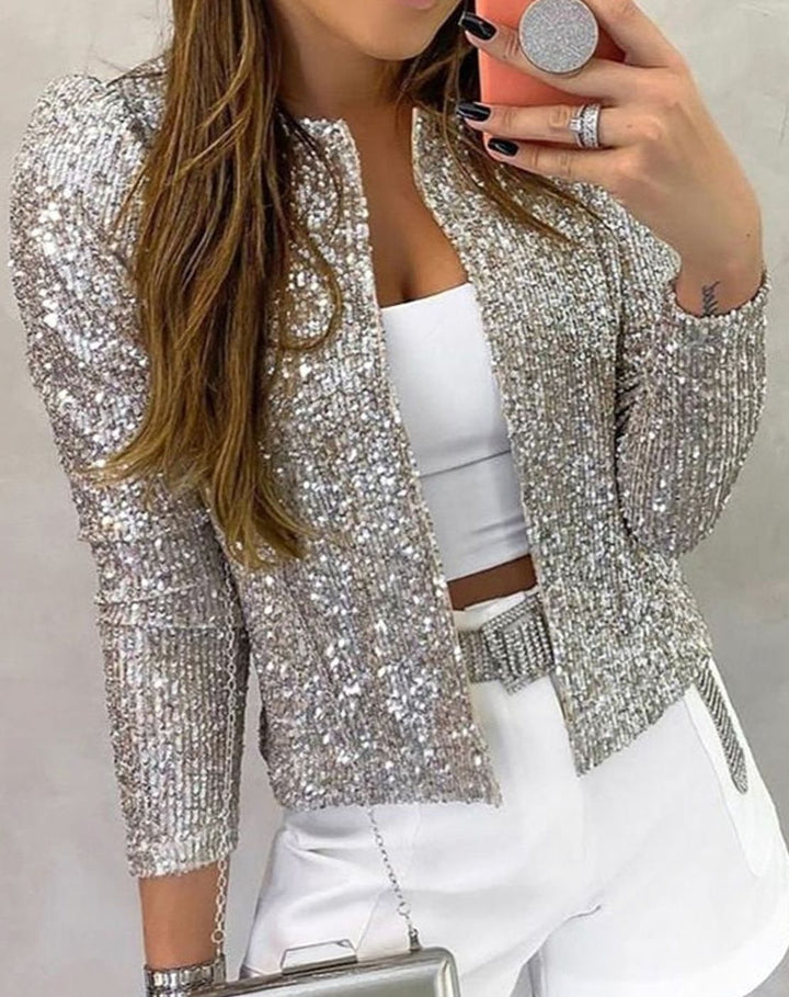 Damen Glitzernde Offene Winterjacke Festlicher Pailletten Blazer - Silber