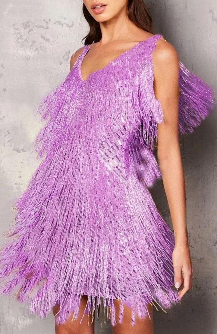 Damen Glitzerndes Fransen-Party-Minikleid V-Ausschnitt Ärmellos - Lila