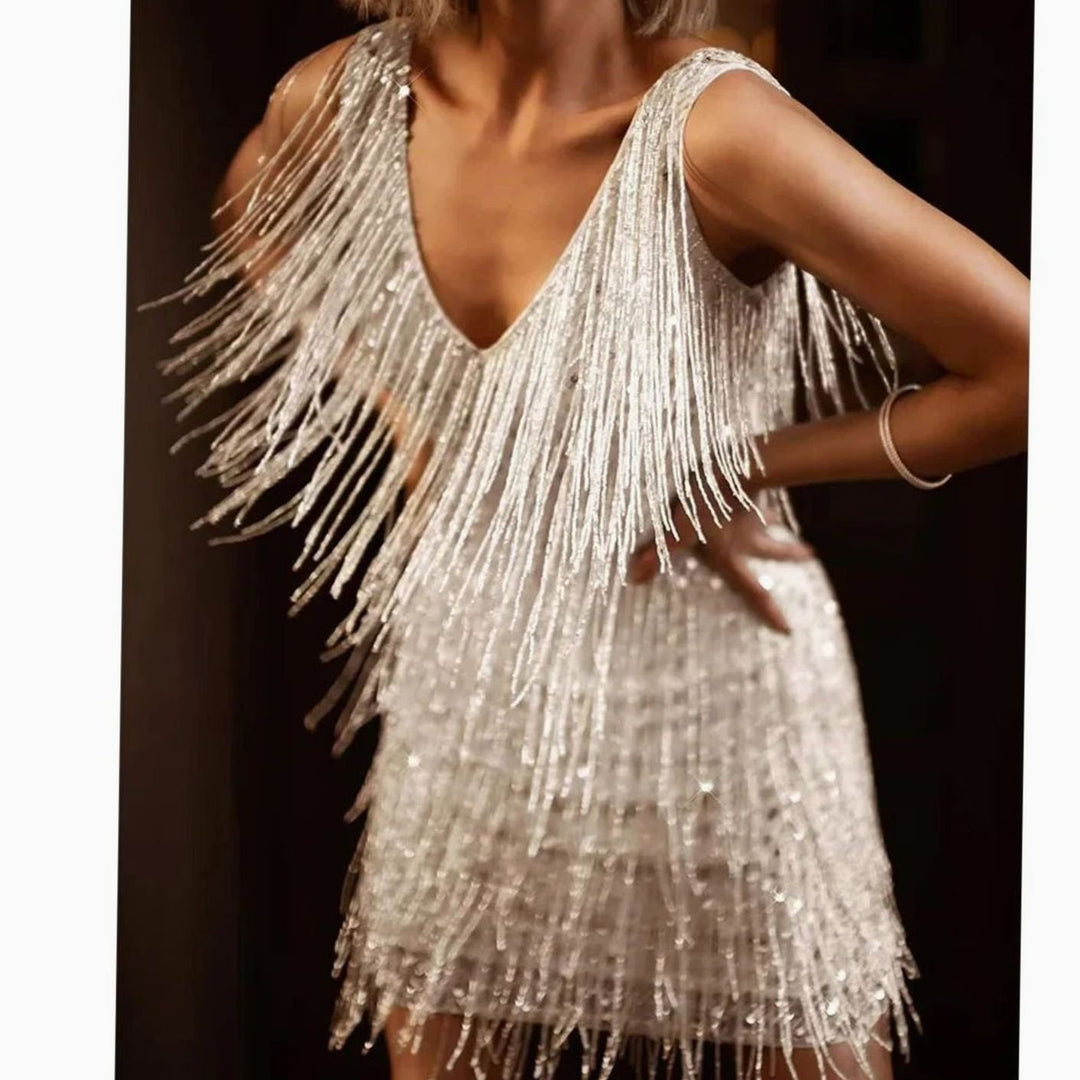 Damen Glitzerndes Fransen-Party-Minikleid V-Ausschnitt Ärmellos - Silber