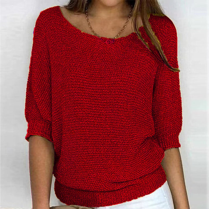 Damen Grobstrick-Pullover mit Rundhalsausschnitt und Halbarm - Rot