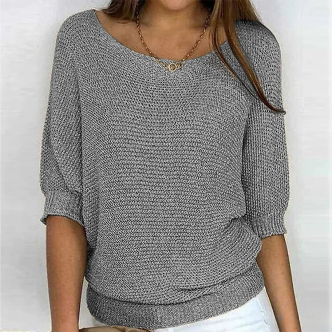 Damen Grobstrick-Pullover mit Rundhalsausschnitt und Halbarm - Grau
