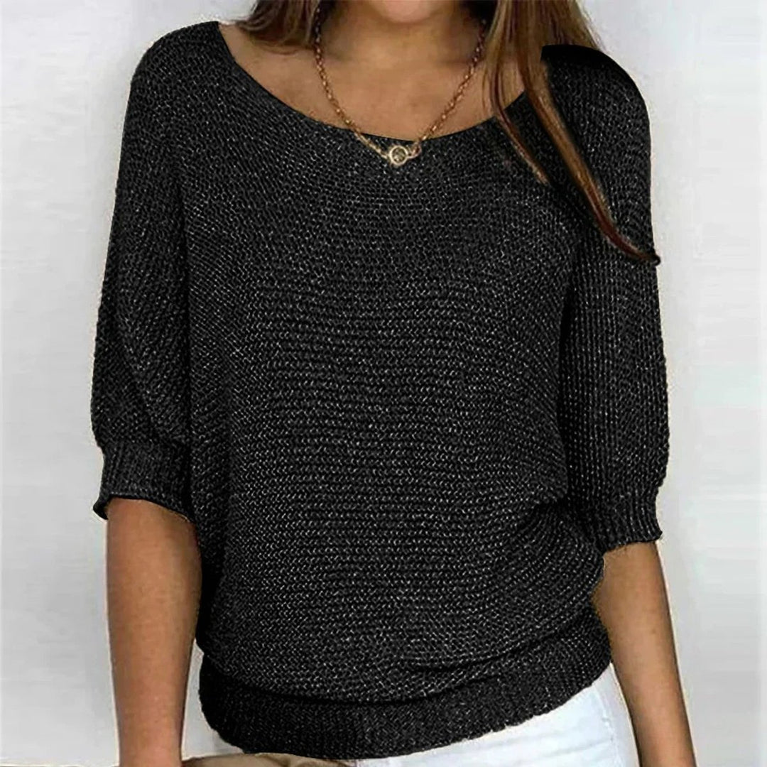 Damen Grobstrick-Pullover mit Rundhalsausschnitt und Halbarm - Schwarz