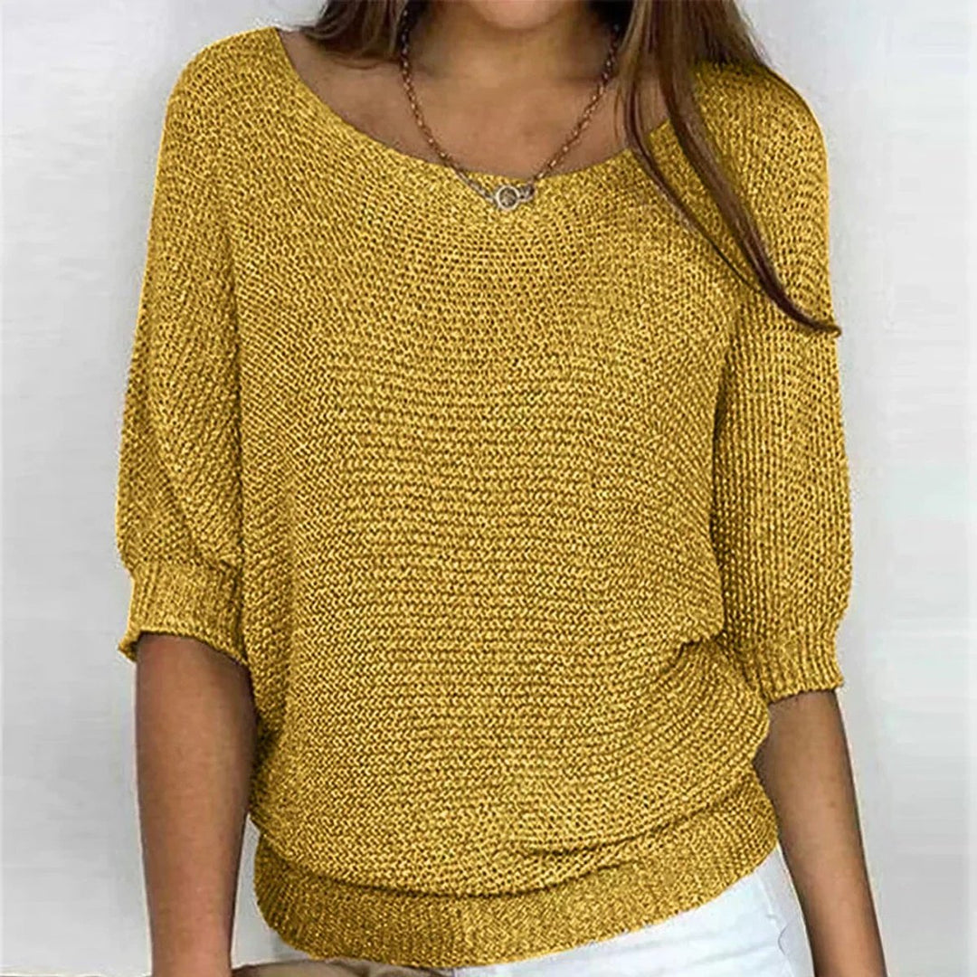 Damen Grobstrick-Pullover mit Rundhalsausschnitt und Halbarm - Gelb