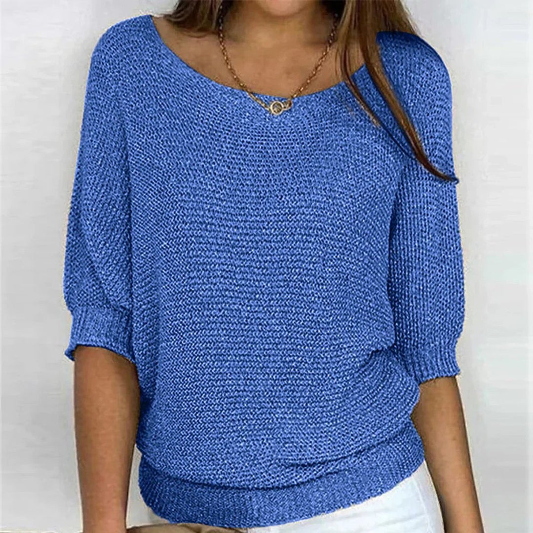 Damen Grobstrick-Pullover mit Rundhalsausschnitt und Halbarm - Blau