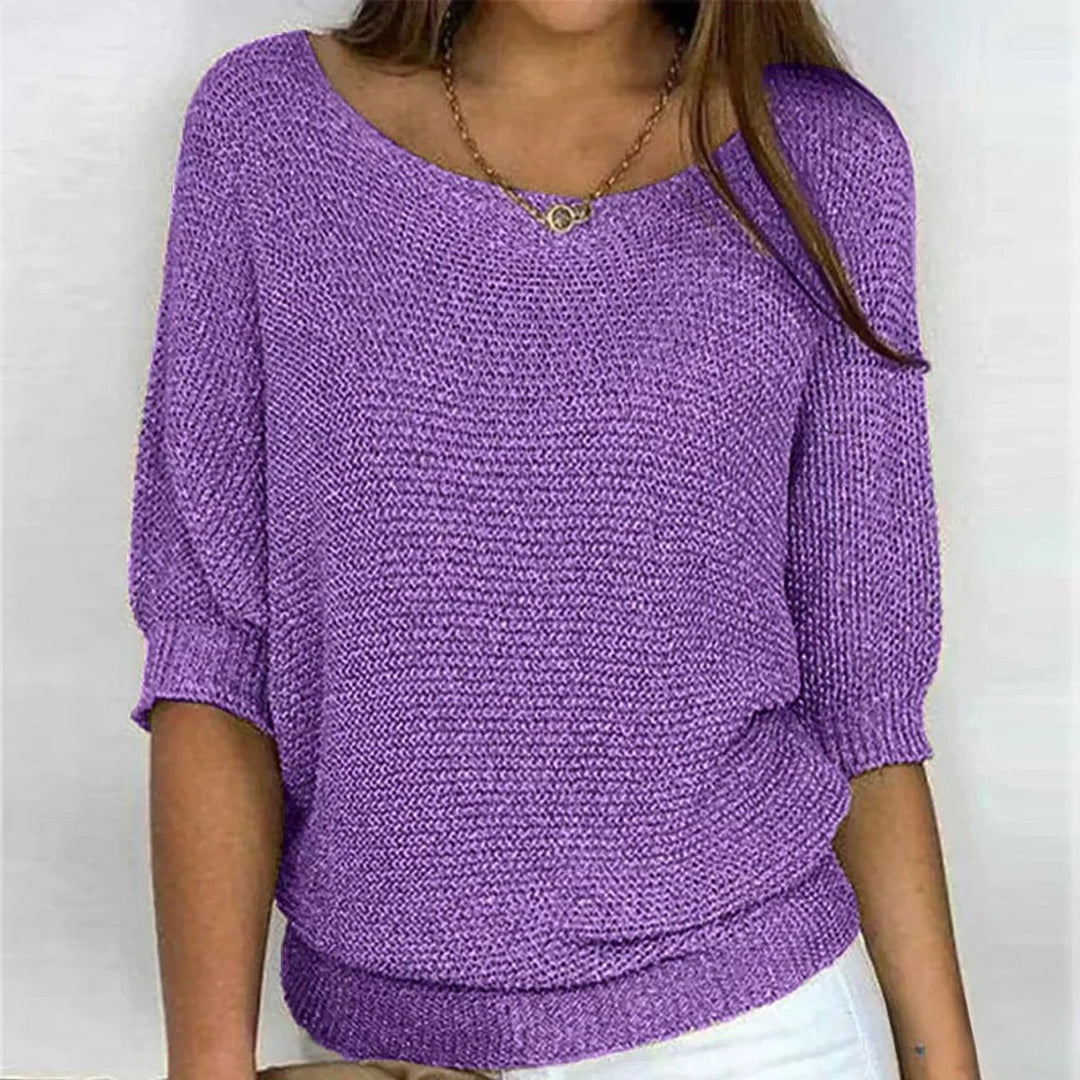 Damen Grobstrick-Pullover mit Rundhalsausschnitt und Halbarm - Violett