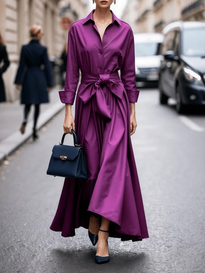 Damen Hemdkleid Langarm Taillengürtel Maxikleid - Purple