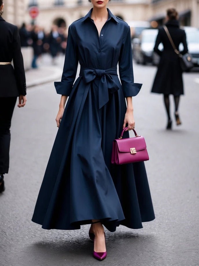 Damen Hemdkleid Langarm Taillengürtel Maxikleid - Navy