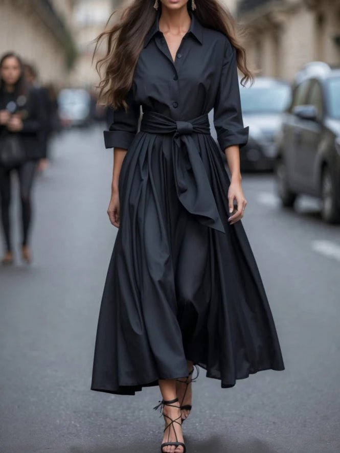 Damen Hemdkleid Langarm Taillengürtel Maxikleid - Black