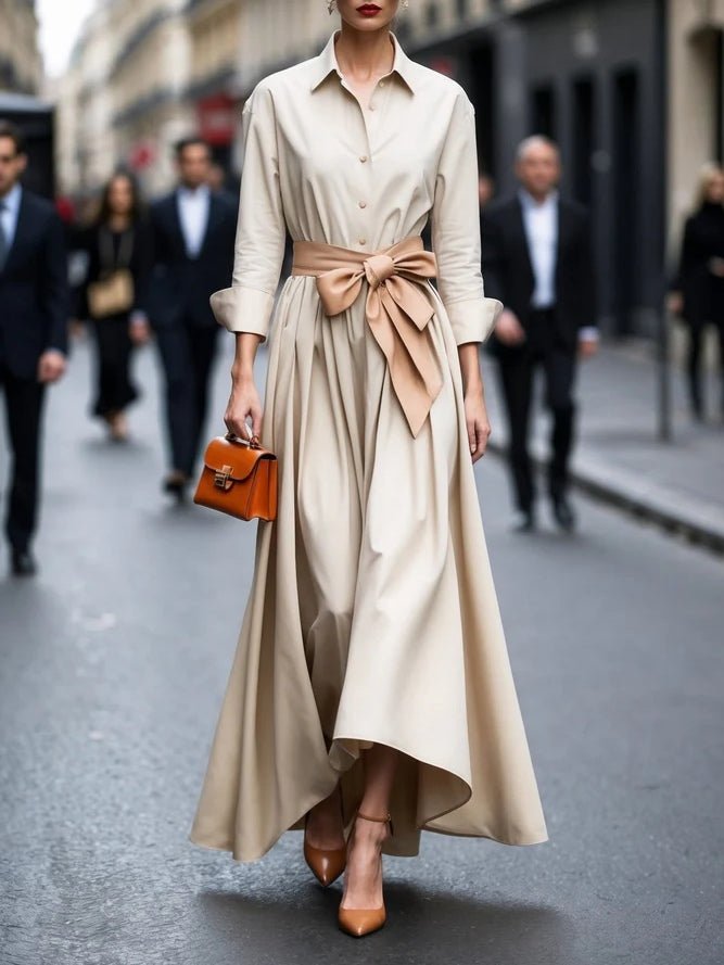 Damen Hemdkleid Langarm Taillengürtel Maxikleid - Beige