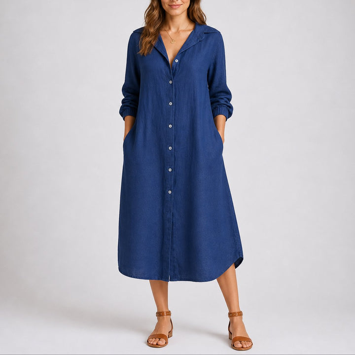 Damen Herbst Hochzeitsgast Kleid langärmliges Midi-Hemdblusenkleid - Blau