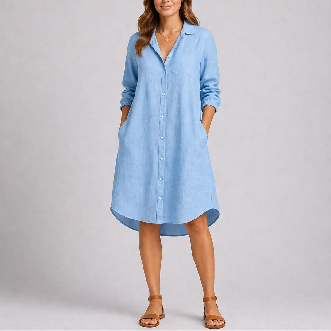 Damen Herbst Hochzeitsgast Kleid langärmliges Midi-Hemdblusenkleid - Hellblau