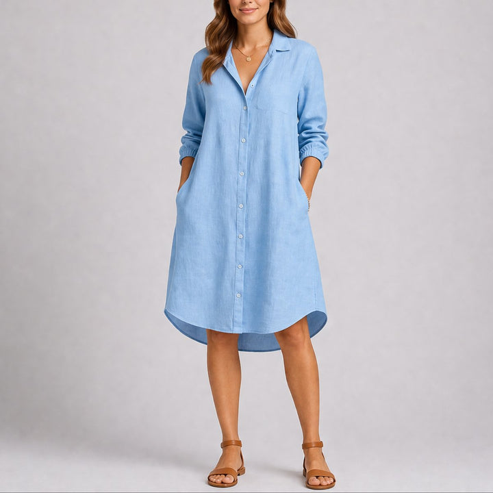 Damen Herbst Hochzeitsgast Kleid langärmliges Midi-Hemdblusenkleid - Hellblau