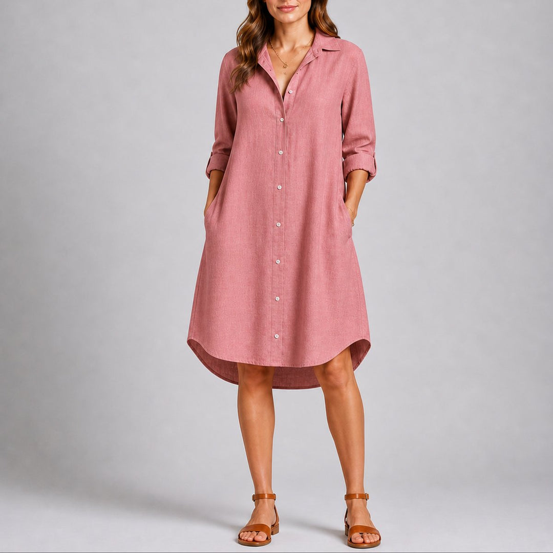Damen Herbst Hochzeitsgast Kleid langärmliges Midi-Hemdblusenkleid - Rosa