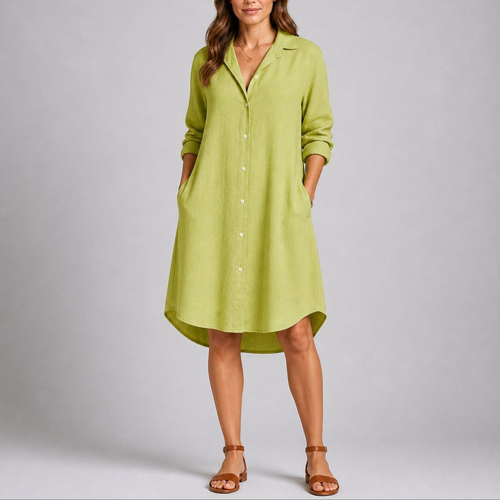 Damen Herbst Hochzeitsgast Kleid langärmliges Midi-Hemdblusenkleid - Grün