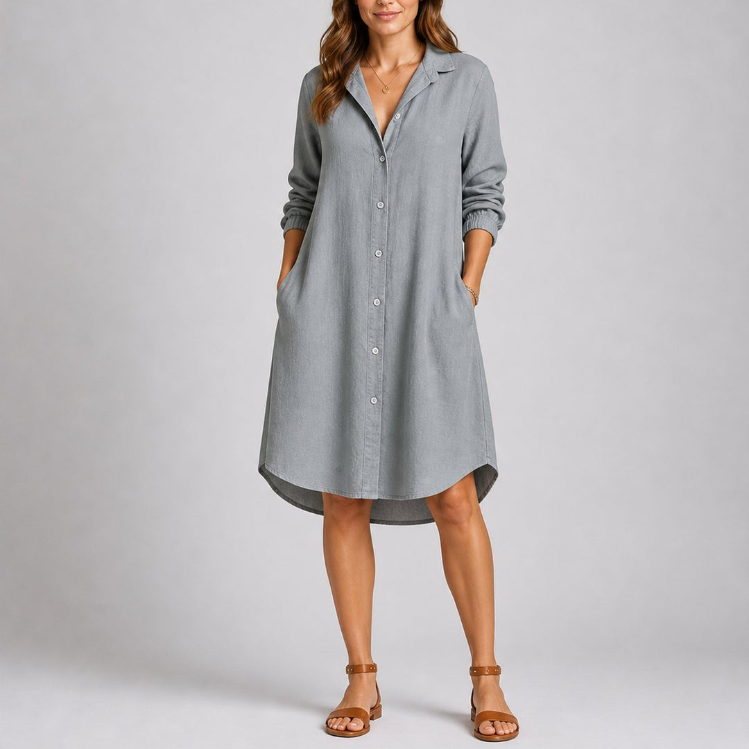 Damen Herbst Hochzeitsgast Kleid langärmliges Midi-Hemdblusenkleid - Grau