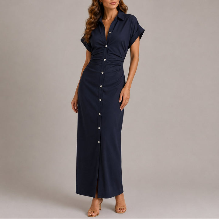 Damen Herbst Hochzeitsgast Maxi-Hemdblusenkleid figurbetont geknöpft - Marine